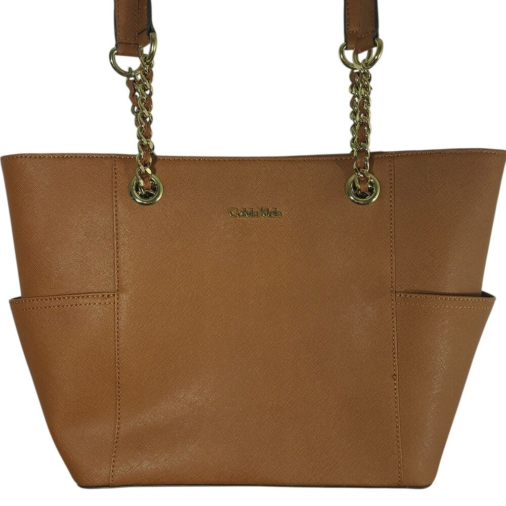 Calvin Klein Hayden Saffiano Leather Tote Bag Tan Brown Gold Chain Shoulder Purs